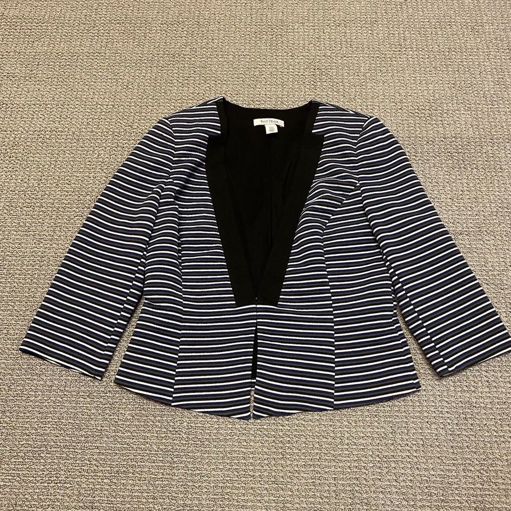 WHBM Blazer Womens 10 Jacket Striped 3/4 Sleeve Blue Gray Collar Lined Black